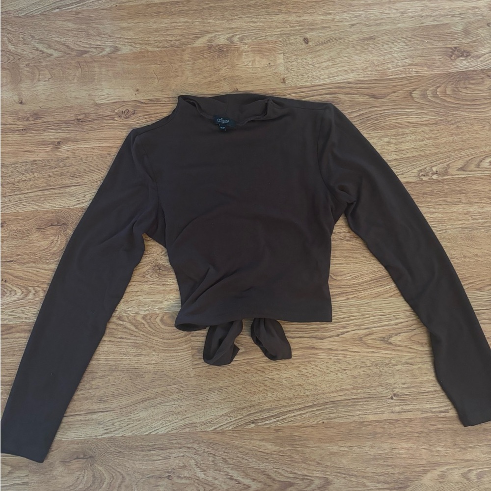 Eclipse Dark Brown Long Sleeve Tie-Front Top